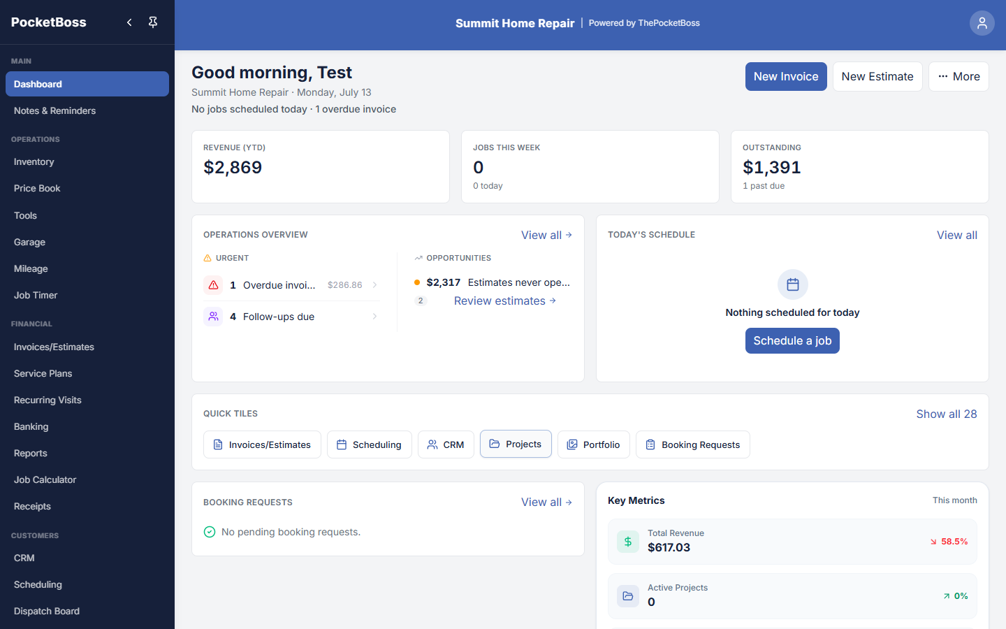 Pocket Boss dashboard with sample business data showing revenue, scheduling, estimates, invoices, and operations