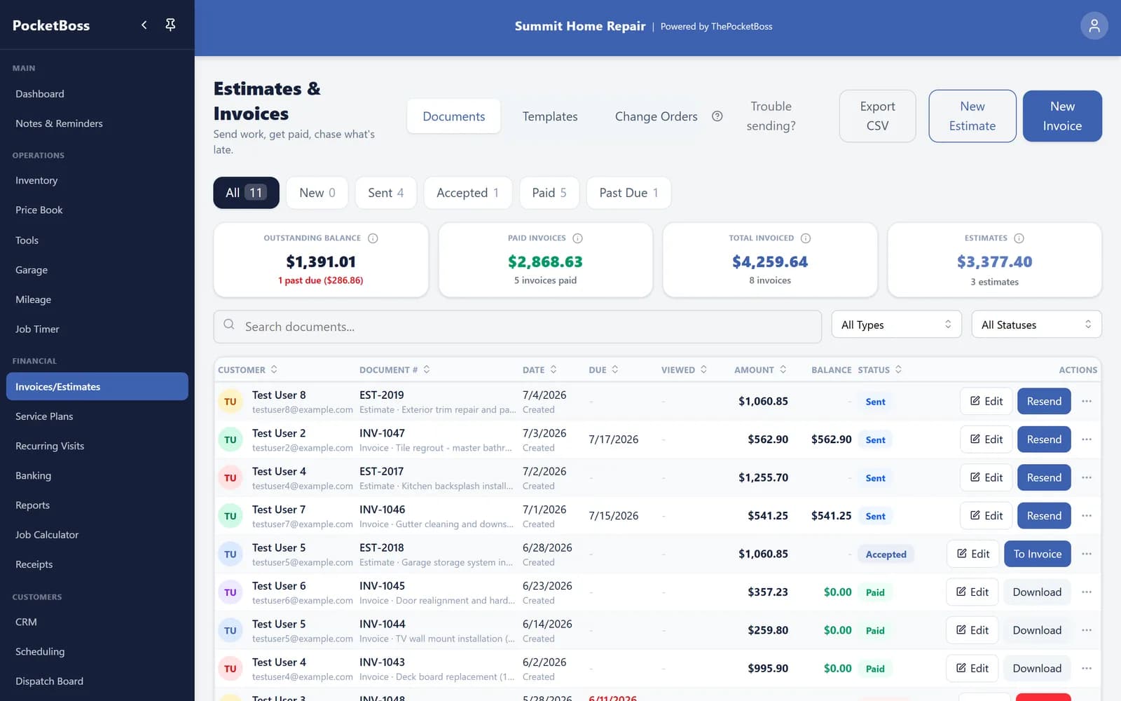 Pocket Boss invoice management screen
