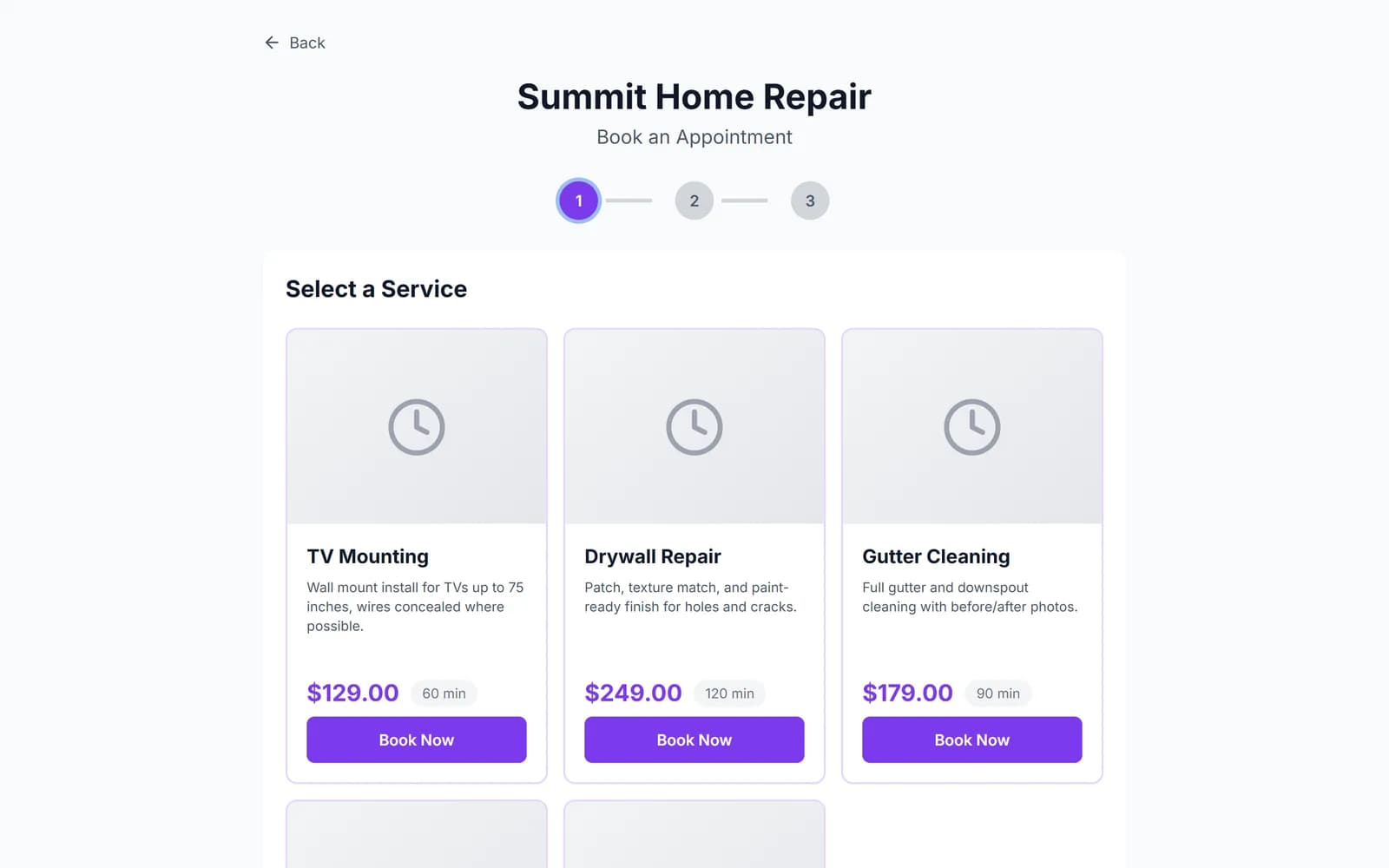 Real online booking page where customers pick a service like TV mounting or drywall repair and book an appointment