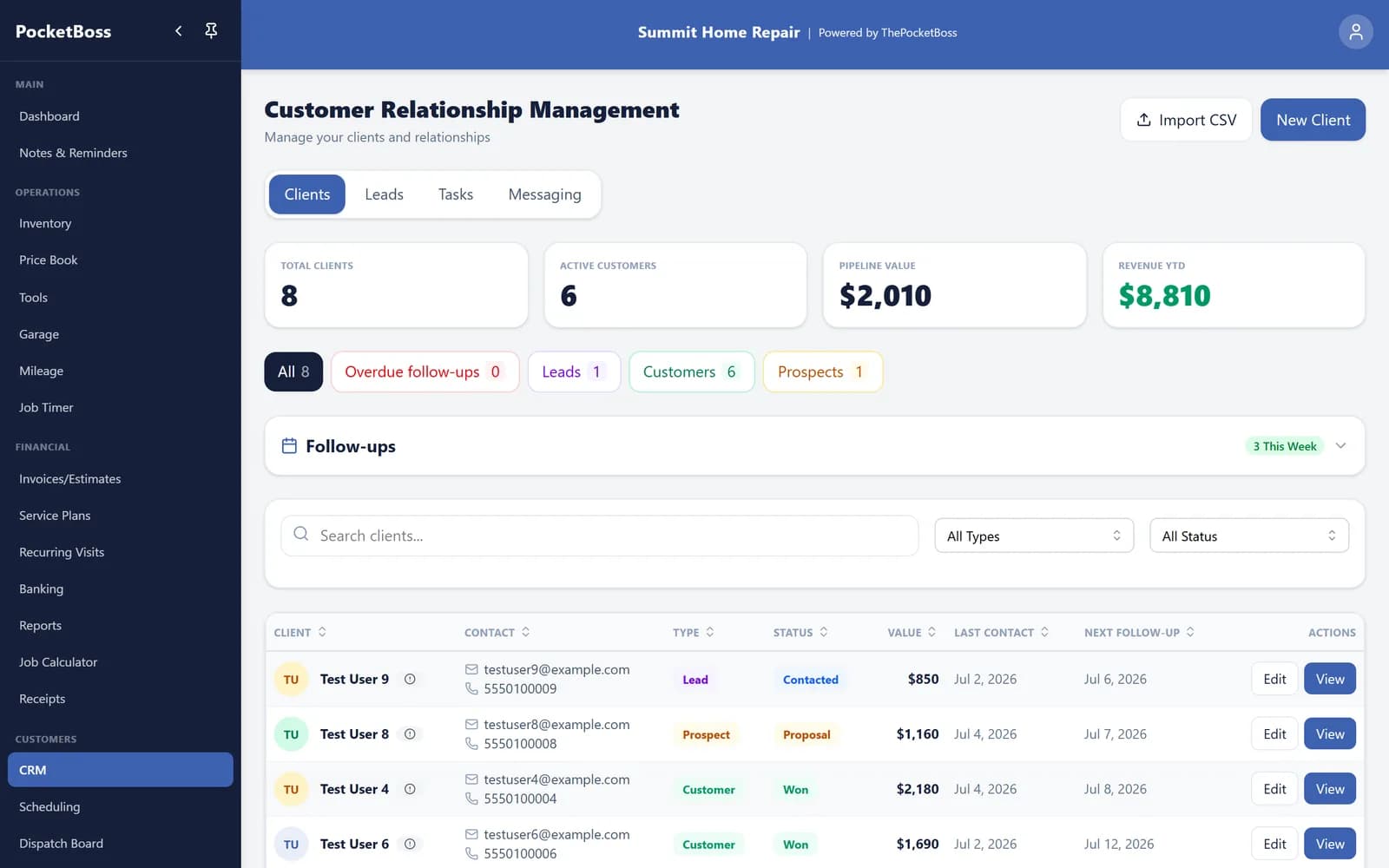 CRM screen with client pipeline value, lead status, last contact, and follow-up dates