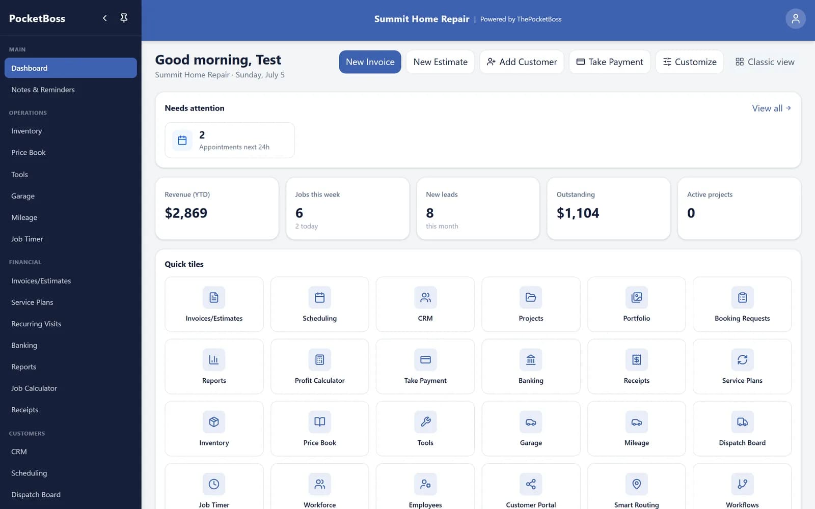 ThePocketBoss dashboard with revenue snapshot, appointments, and quick actions for invoices and scheduling