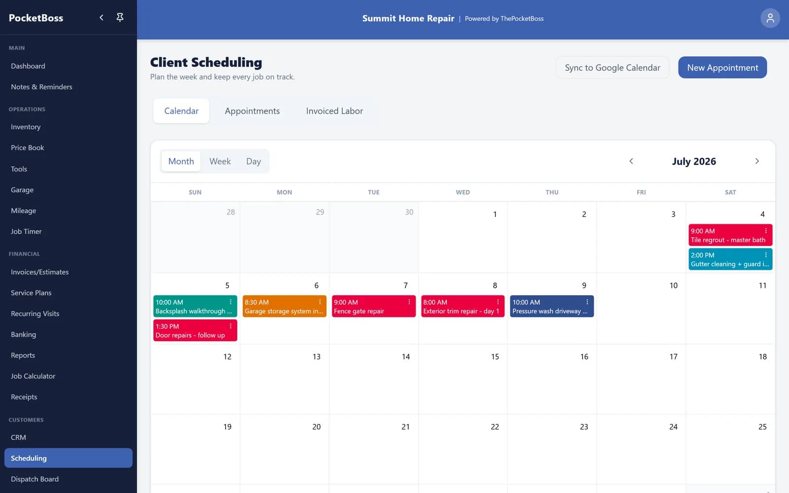 contractor business scheduling calendar with color-coded service, repair, and installation jobs