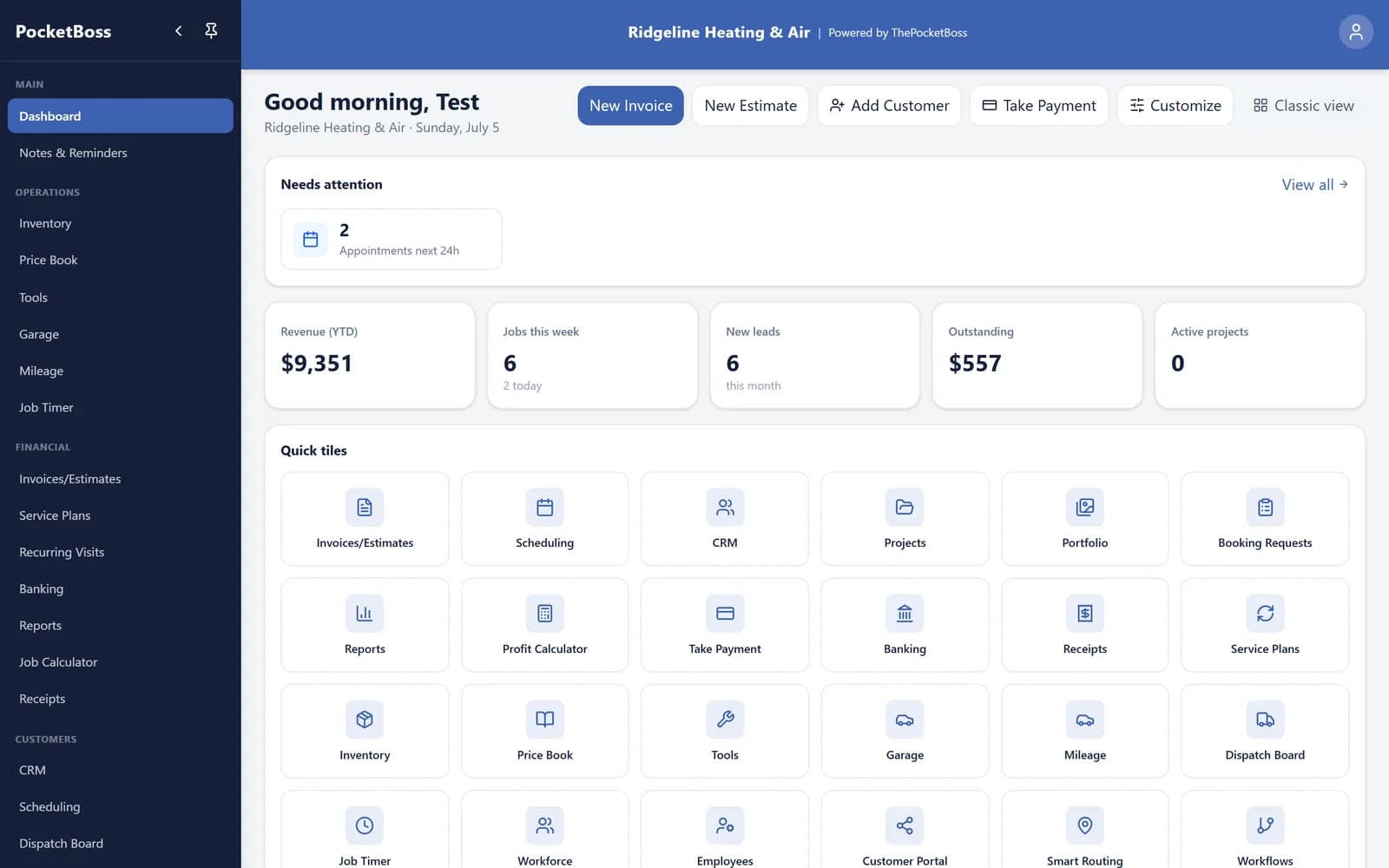 Pocket Boss HVAC contractor software dashboard showing revenue, appointments, and quick actions