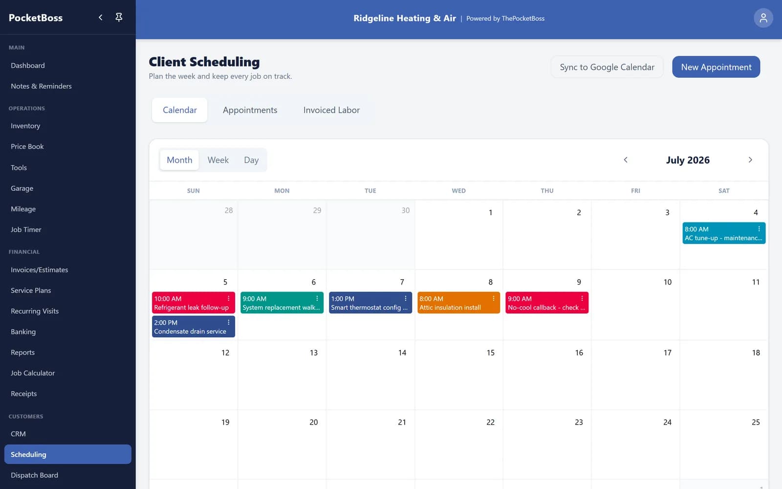 HVAC contractor scheduling calendar with color-coded service, repair, and installation jobs