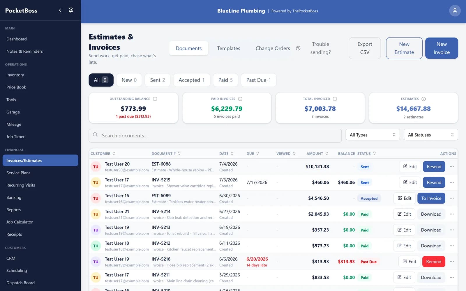 plumbing contractor invoicing screenshot with estimates, invoices, payment status, and outstanding balance